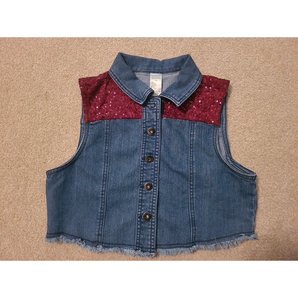 Cute Weissman SA Cut‎ Off Jean Jacket Vest Sequin Shoulders Youth Dance Sassy